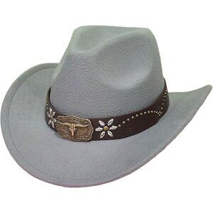 Unisex Gray 100% Polyester Bull Skull Band Classic Fedora Felt Cowboy Hat